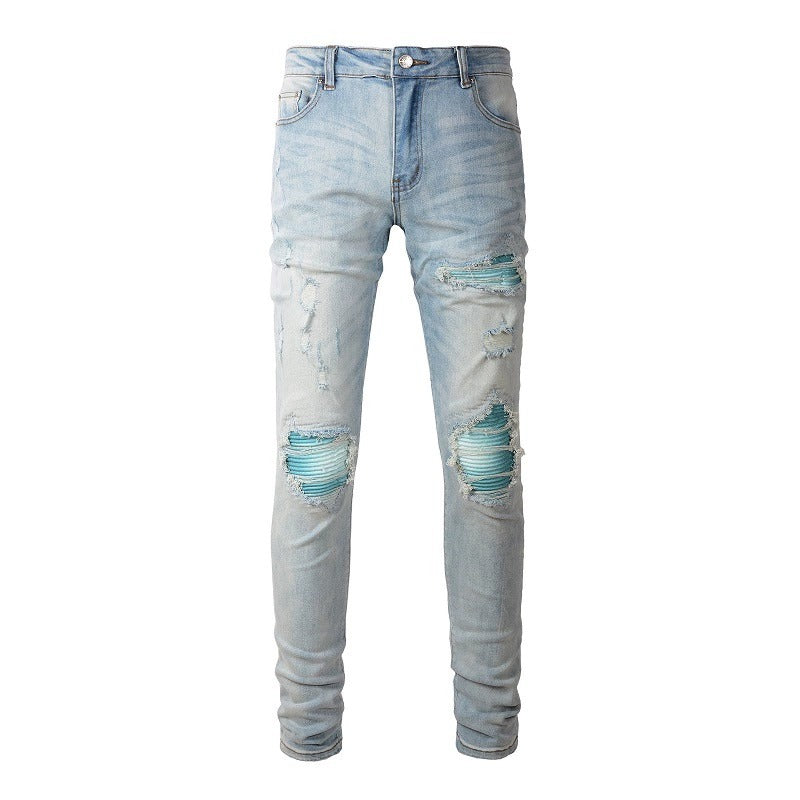 Baby Blue Wash Water Worn Patch Torn Jeans Male