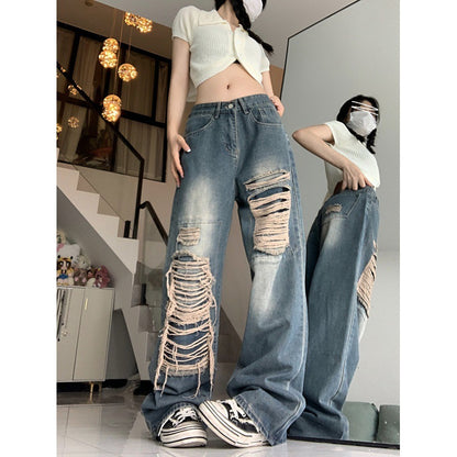 Fashion Holes Jeans Women's Retro High Waist