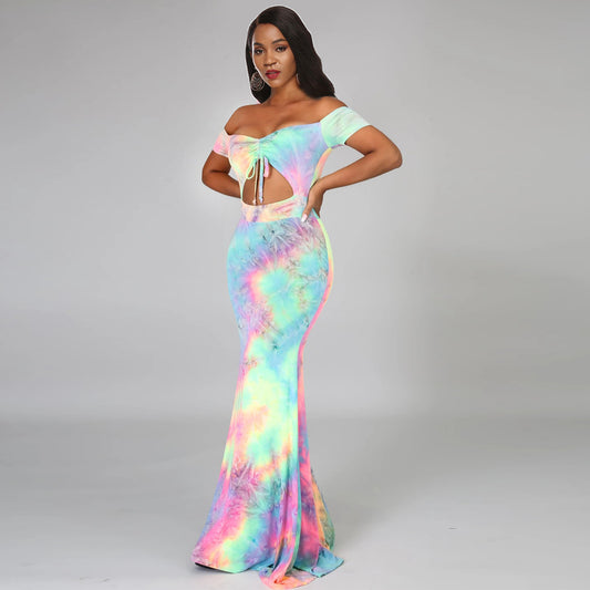 Off-shoulder Navel Tie-dyed Dress