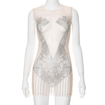 Sheer Mesh Hot Drilling Dress