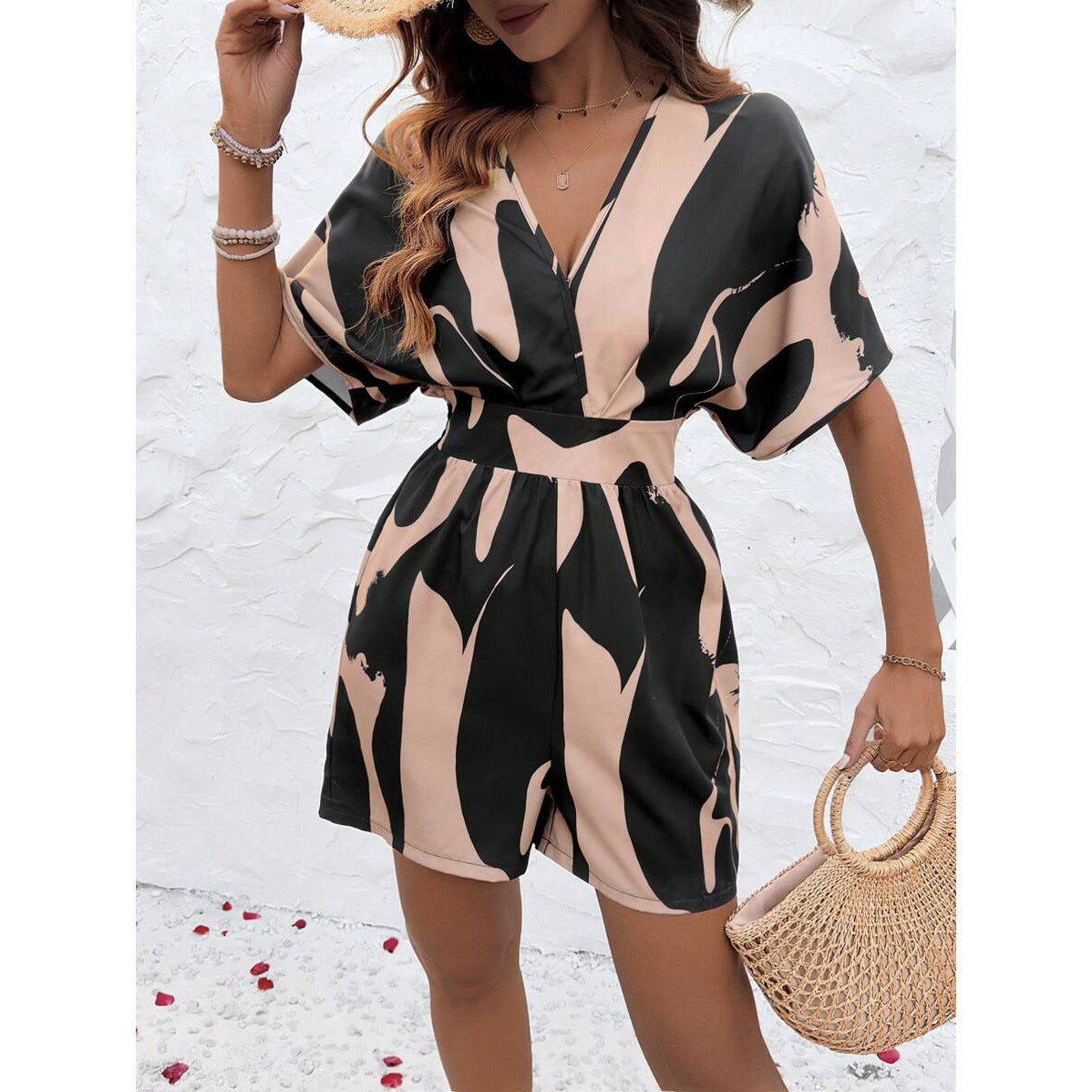 Women's Printed Cross Collar High Waist Jumpsuit