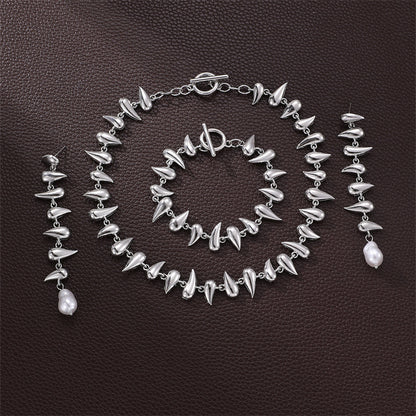 Drop-shaped Earring Bracelet Necklace Glossy Metal Pearl Ornament Suit