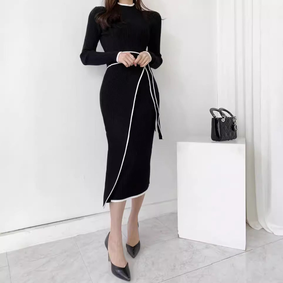 Retro Minority Half Turtleneck Slim Fit Temperament Color Matching Dress Women