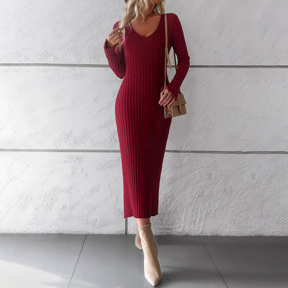 Women's Elegant V-neck Long Sleeve Woolen Dress