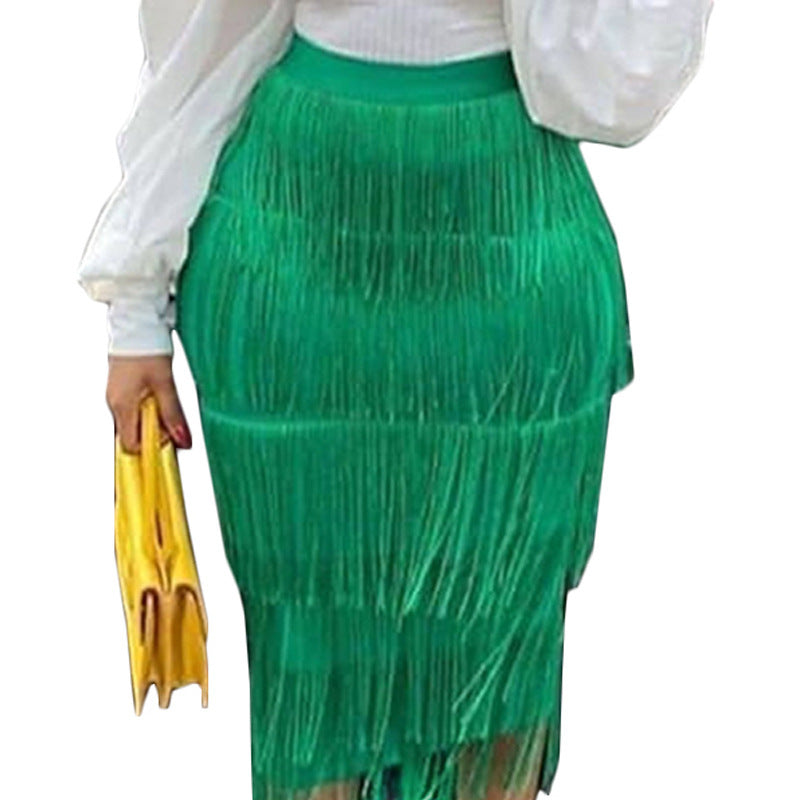 High Waist Patchwork Tassel Skirt Slim Wrap Hip Skirt