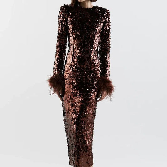 Long Sleeve Miniskirt Sequined Feather Decorated Evening Dress