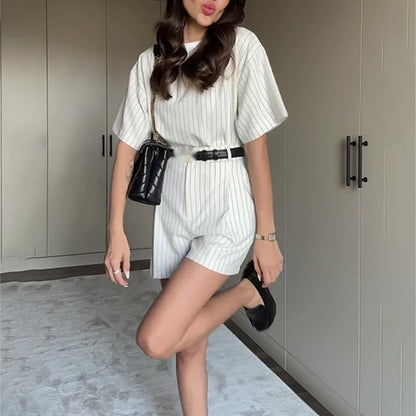 Round Neck T-shirt Striped Suit Women