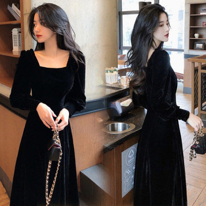 Gold Velvet Women's Slim Square Neck Hepburn Style Autumn And Winter Long Dress