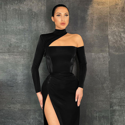 Padded One-Shoulder Sling Back Slit Long Dress