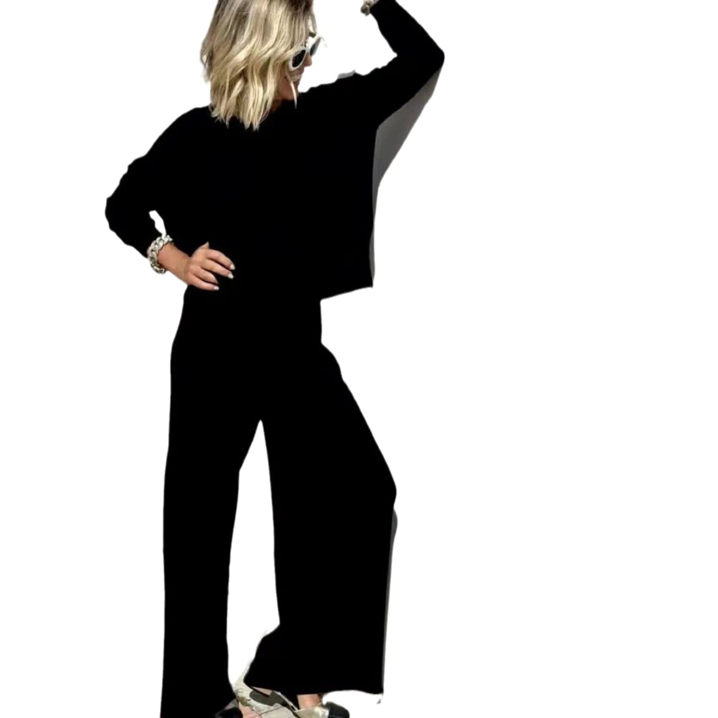 Knitted Wide-leg Pants Suit Sweater Pullover Women's Casual Trousers Suit