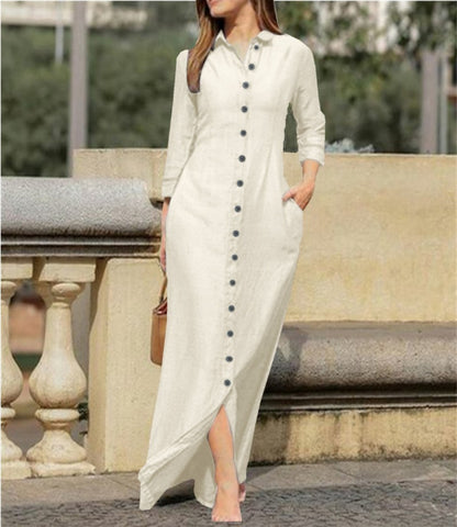 Women's Elegant Fashion Unisex Style Long Sleeve Lapel Cardigan Solid Color Long Cotton Linen Dress