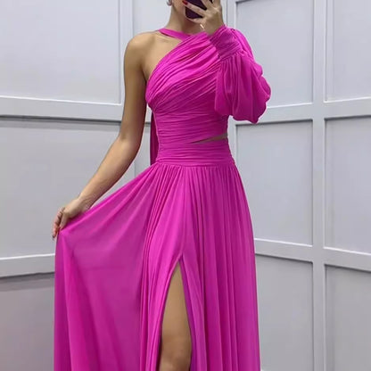 Women's Casual Off-shoulder Solid Color Pleated Hollow Dress