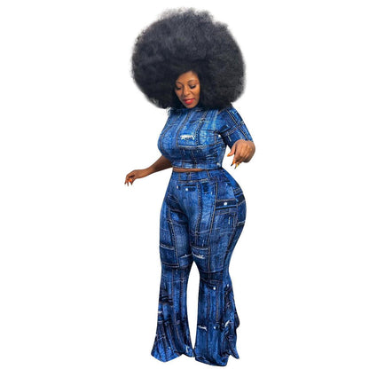 Women's Clothing Denim Printing Plus Size Two-piece Suit