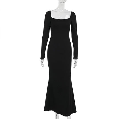 Square Collar Slimming Elegant Black Dress Women