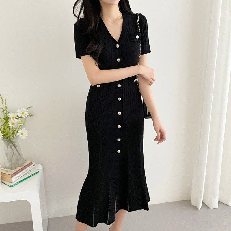 High-end Slim-fit Mid-length Collar Base Dress