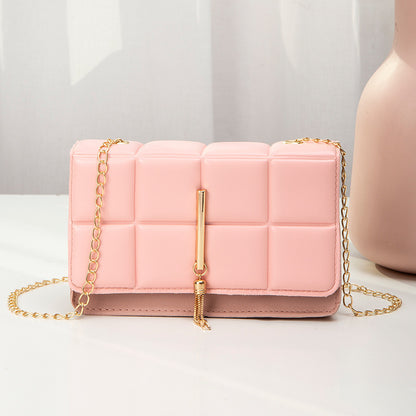 Plaid Embossed Small Square Bag Solid Color Tassel Big Chain Mobile Phone Bag