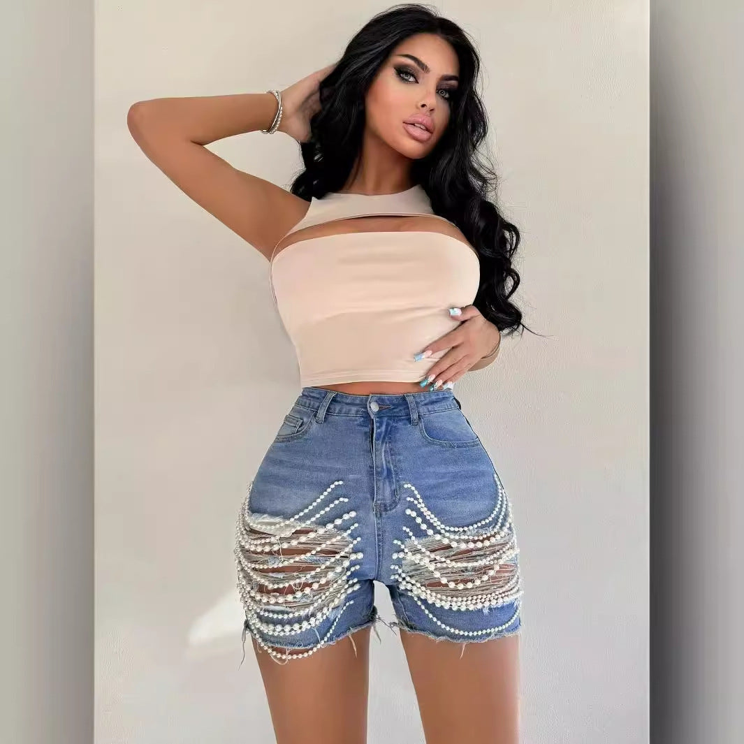 Denim Shorts High Waist Slimming Handmade Bead Necklace Ripped