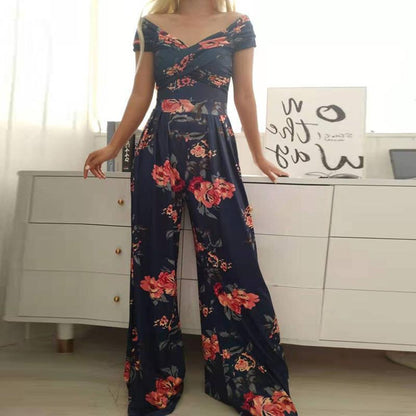 Fashion Off-shoulder Printed Temperament Commute Casual High Waist Jumpsuit Women