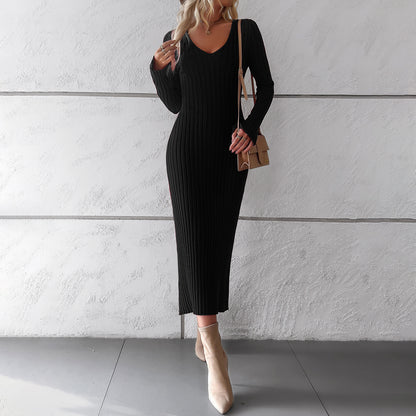 Women's Elegant V-neck Long Sleeve Woolen Dress