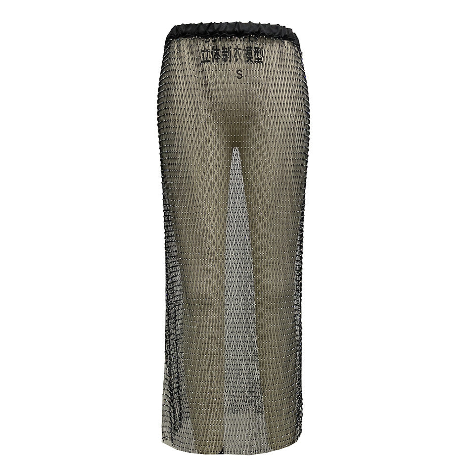 Fishnet Hollow Rhinestone Mid-length Half Skirt