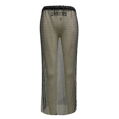 Fishnet Hollow Rhinestone Mid-length Half Skirt