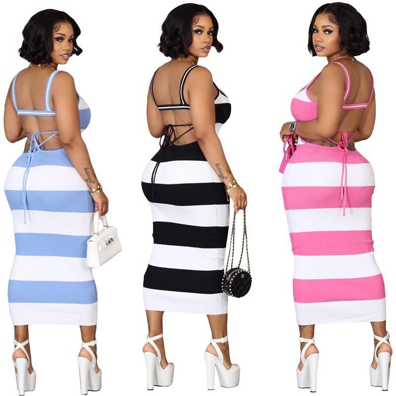 Fashion Striped Backless Lace Up Dress With Wrapped Buttocks