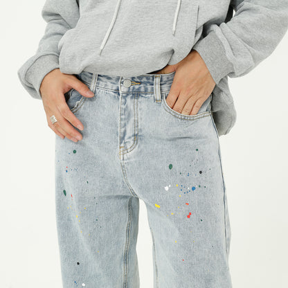 Paint Splash Blue Jeans Straight Loose Jeans