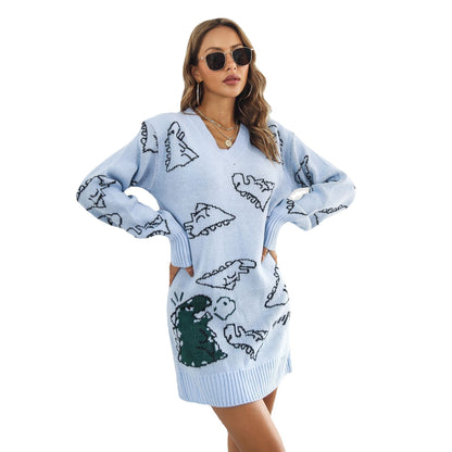 Cute Dinosaur Cartoon Jacquard V-neck Long Sleeve Sweater Dress Women's Loose Knitted Dress Autumn And Winter