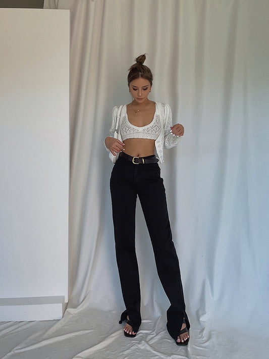 Side Slit High-waisted Straight-leg Loose Drape Trousers