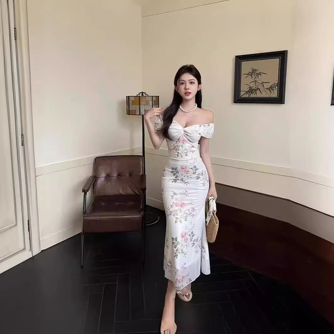 Fashion Off-shoulder Mesh Floral Print Long Dress New Chinese Retro