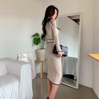 Retro Minority Half Turtleneck Slim Fit Temperament Color Matching Dress Women