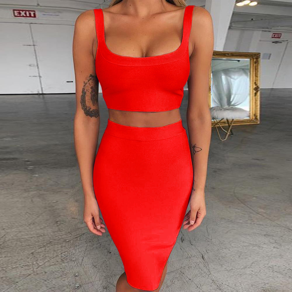 Solid Color Sling U-neck Short Top High Waist Slim Hip Skirt Bandage Skirt Suit