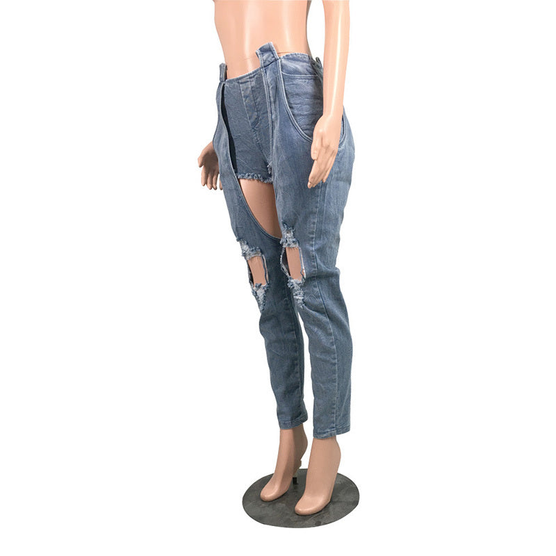 Long and short stitched jeans