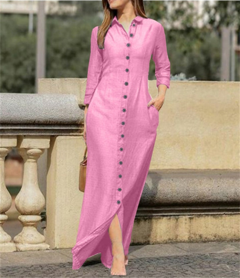 Women's Elegant Fashion Unisex Style Long Sleeve Lapel Cardigan Solid Color Long Cotton Linen Dress