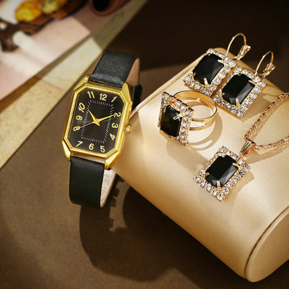 Leather Women's Watch Square Quartz Watch Set