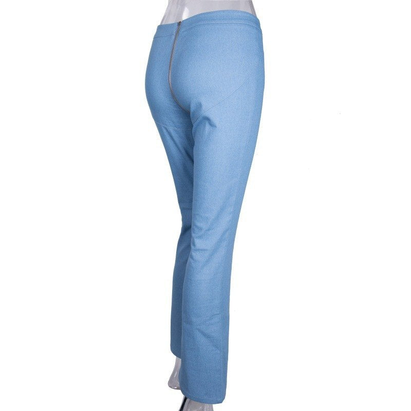 Zipper skinny jeans woman sexy light blue stretch denim pants club vintage bell bottom flare pants