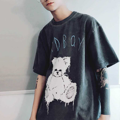 Distressed Teddy Bear Print Men's Short Sleeve