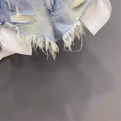 Pocket Exposed Hand Frayed Brushed Raw Edge Denim Hot Pants