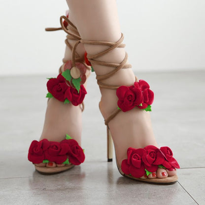 Rose Cross Lace Up Heel Sandals