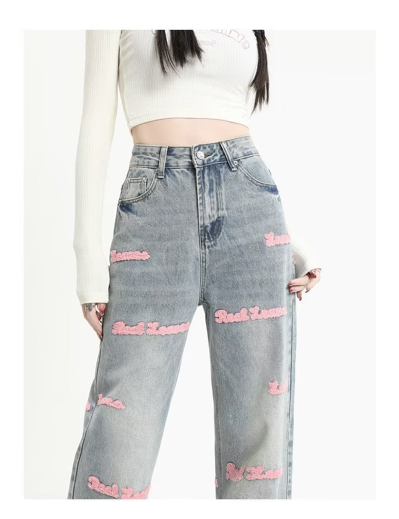 Letter Embroidered Straight Jeans Design