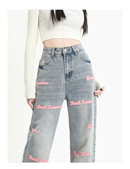 Letter Embroidered Straight Jeans Design