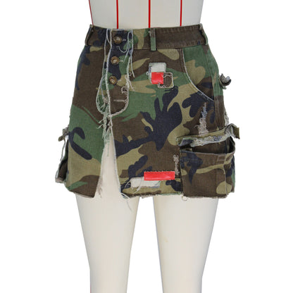 Summer Full Open Camouflage Patch Wrapped Skirt