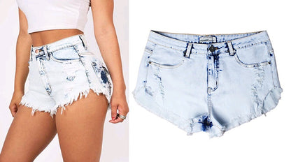 Ripped jeans women's high waist light color white worn off washed wool denim shorts