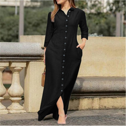 Women's Elegant Fashion Unisex Style Long Sleeve Lapel Cardigan Solid Color Long Cotton Linen Dress