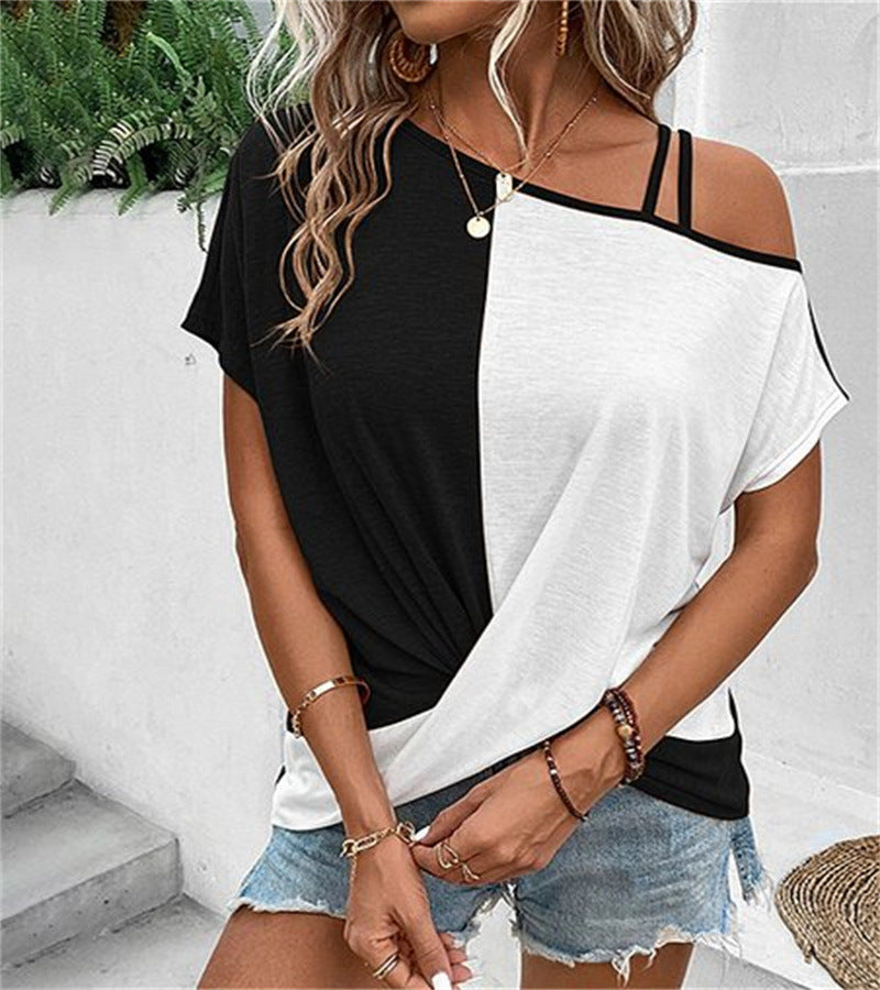 Two-color Color Cotton Stitching Women's Shoulder Strap T-shirt Cross Short Sleeve Top