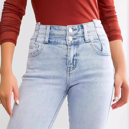 Women's High Waist Button Row Elastic Denim Pants