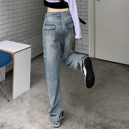 Embroidery Stitching High Waist Straight Pants Jeans