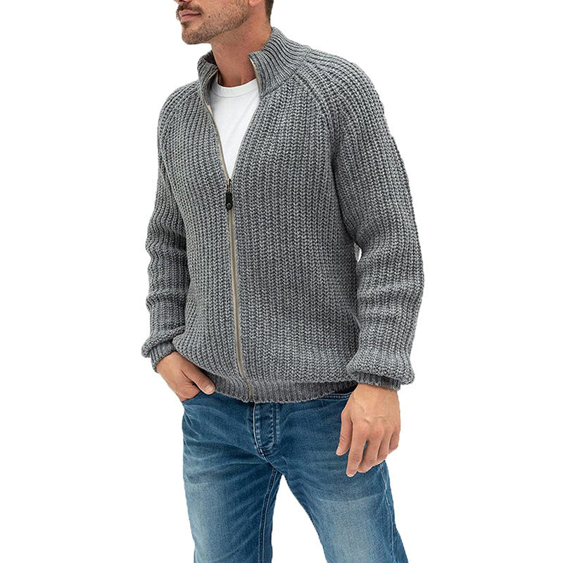 Sweater Cardigan Men's Solid Color Zipper Turtleneck Knit