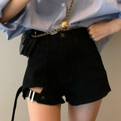 All-match irregular high waist denim shorts