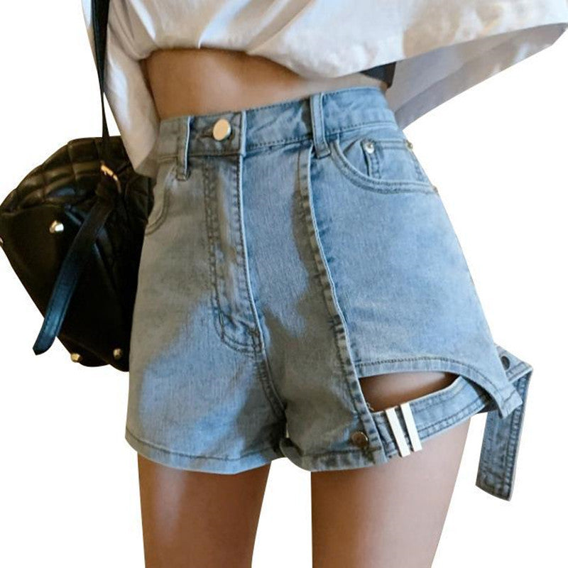 All-match irregular high waist denim shorts